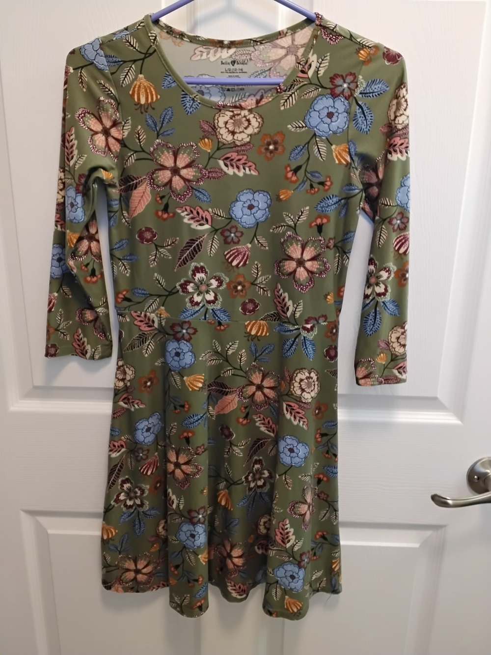 BELLA & BIRDIE Girls Olive Green Floral Print Dress SIze Lg (10-12)